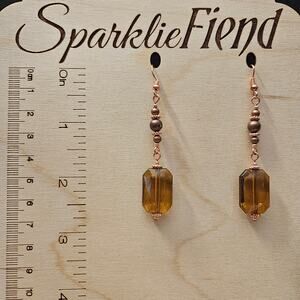 Bright and antique copper & brown faceted acrylic beaded dangle earrings